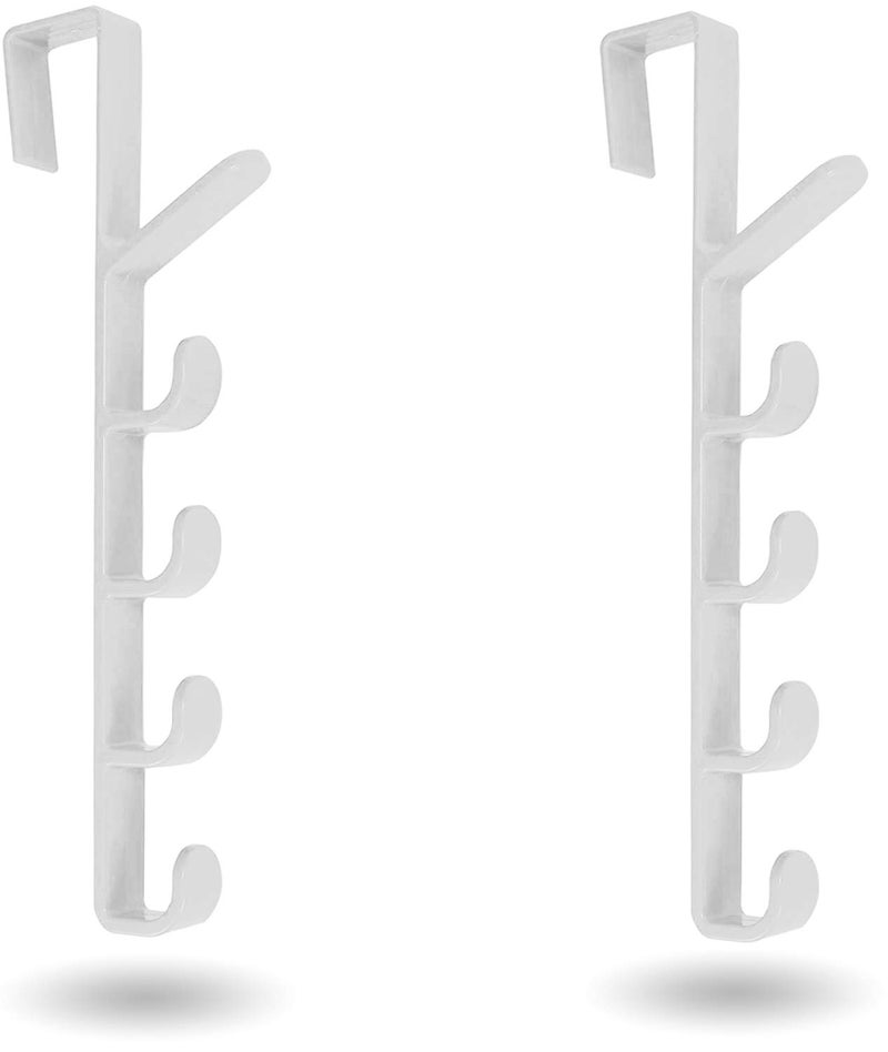 Skdorpfm Mighty Tidy Home] 2-Pack Over The Door Hook Hanger | 5-Hook Heavy-Duty Organizer Rack for Coats, Hats, Robes, Shirts, Belts, Bags, Towels, Closet and Bathroom (2-Pack in White) - Image 1